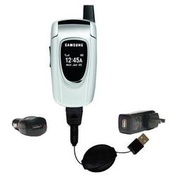 Gomadic Retractable USB Hot Sync Compact Kit with Car & Wall Charger for the Samsung SGH-X496 - Bran