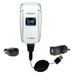 Gomadic Retractable USB Hot Sync Compact Kit with Car & Wall Charger for the Samsung SGH-X497 - Bran