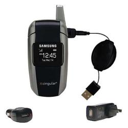 Gomadic Retractable USB Hot Sync Compact Kit with Car & Wall Charger for the Samsung SGH-X506 - Bran