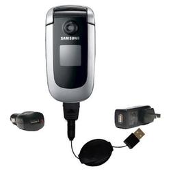 Gomadic Retractable USB Hot Sync Compact Kit with Car & Wall Charger for the Samsung SGH-X660 - Bran