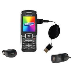 Gomadic Retractable USB Hot Sync Compact Kit with Car & Wall Charger for the Samsung SGH-X700 - Bran