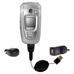 Gomadic Retractable USB Hot Sync Compact Kit with Car & Wall Charger for the Samsung SGH-X800 - Bran