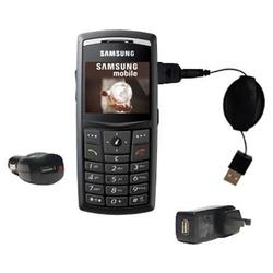 Gomadic Retractable USB Hot Sync Compact Kit with Car & Wall Charger for the Samsung SGH-X820 - Bran