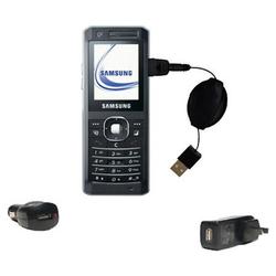 Gomadic Retractable USB Hot Sync Compact Kit with Car & Wall Charger for the Samsung SGH-Z150 - Bran