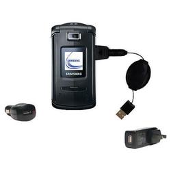 Gomadic Retractable USB Hot Sync Compact Kit with Car & Wall Charger for the Samsung SGH-Z540 - Bran