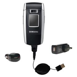 Gomadic Retractable USB Hot Sync Compact Kit with Car & Wall Charger for the Samsung SGH-ZV50 - Bran
