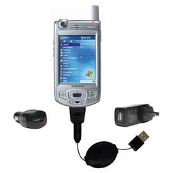 Gomadic Retractable USB Hot Sync Compact Kit with Car & Wall Charger for the Samsung SGH-i700 - Bran