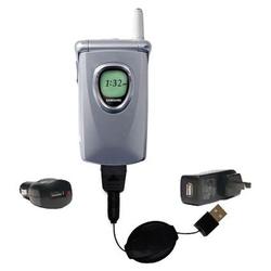 Gomadic Retractable USB Hot Sync Compact Kit with Car & Wall Charger for the Samsung SPH-A460 - Bran