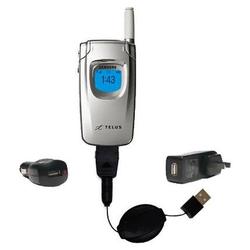 Gomadic Retractable USB Hot Sync Compact Kit with Car & Wall Charger for the Samsung SPH-A540 - Bran