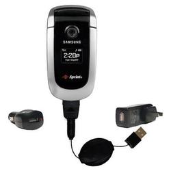 Gomadic Retractable USB Hot Sync Compact Kit with Car & Wall Charger for the Samsung SPH-A560 - Bran