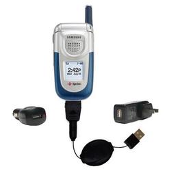 Gomadic Retractable USB Hot Sync Compact Kit with Car & Wall Charger for the Samsung SPH-A760 - Bran