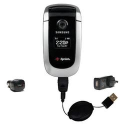 Gomadic Retractable USB Hot Sync Compact Kit with Car & Wall Charger for the Samsung SPH-A840 - Bran