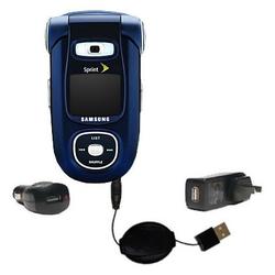 Gomadic Retractable USB Hot Sync Compact Kit with Car & Wall Charger for the Samsung SPH-A920 - Bran