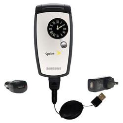 Gomadic Retractable USB Hot Sync Compact Kit with Car & Wall Charger for the Samsung SPH-A960 - Bran