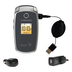 Gomadic Retractable USB Hot Sync Compact Kit with Car & Wall Charger for the Samsung SPH-M300 - Bran