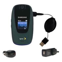 Gomadic Retractable USB Hot Sync Compact Kit with Car & Wall Charger for the Samsung SPH-M510 - Bran