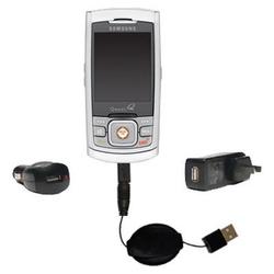 Gomadic Retractable USB Hot Sync Compact Kit with Car & Wall Charger for the Samsung SPH-M520 - Bran