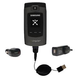 Gomadic Retractable USB Hot Sync Compact Kit with Car & Wall Charger for the Samsung SYNC SGH-A707 - Gomadic