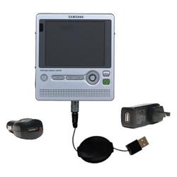 Gomadic Retractable USB Hot Sync Compact Kit with Car & Wall Charger for the Samsung Yepp YH-999 - B