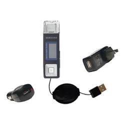 Gomadic Retractable USB Hot Sync Compact Kit with Car & Wall Charger for the Samsung Yepp YP-U2JXB - Gomadic