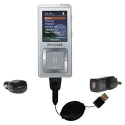 Gomadic Retractable USB Hot Sync Compact Kit with Car & Wall Charger for the Samsung Yepp YP-Z5 - Br