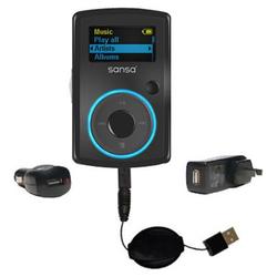 Gomadic Retractable USB Hot Sync Compact Kit with Car & Wall Charger for the Sandisk Sansa Clip - Br