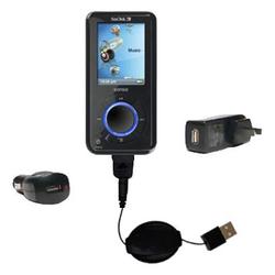 Gomadic Retractable USB Hot Sync Compact Kit with Car & Wall Charger for the Sandisk Sansa E200 - Br