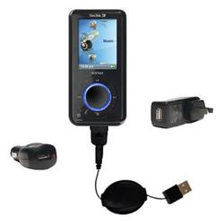 Gomadic Retractable USB Hot Sync Compact Kit with Car & Wall Charger for the Sandisk Sansa E250 - Br