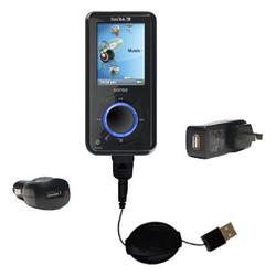 Gomadic Retractable USB Hot Sync Compact Kit with Car & Wall Charger for the Sandisk Sansa E260 - Br