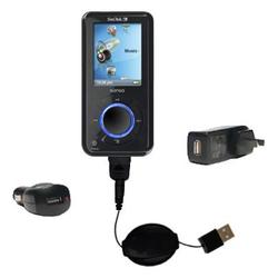 Gomadic Retractable USB Hot Sync Compact Kit with Car & Wall Charger for the Sandisk Sansa E270 - Br