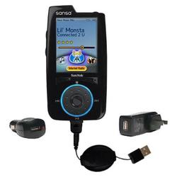 Gomadic Retractable USB Hot Sync Compact Kit with Car & Wall Charger for the Sandisk Sansa View - Br