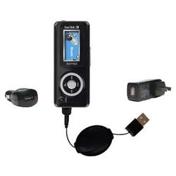 Gomadic Retractable USB Hot Sync Compact Kit with Car & Wall Charger for the Sandisk Sansa c200 - Br