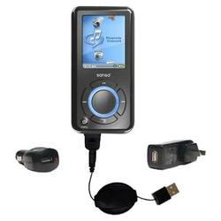 Gomadic Retractable USB Hot Sync Compact Kit with Car & Wall Charger for the Sandisk Sansa e200R - B