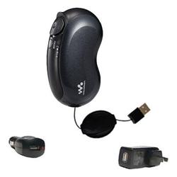 Gomadic Retractable USB Hot Sync Compact Kit with Car & Wall Charger for the Sony Walkman NW-E305 - Gomadic
