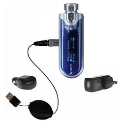 Gomadic Retractable USB Hot Sync Compact Kit with Car & Wall Charger for the Sony Walkman NW-E405 - Gomadic