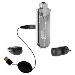 Gomadic Retractable USB Hot Sync Compact Kit with Car & Wall Charger for the Sony Walkman NW-E507 - Gomadic