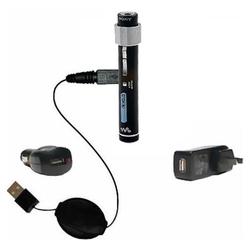 Gomadic Retractable USB Hot Sync Compact Kit with Car & Wall Charger for the Sony Walkman NW-S205F - Gomadic