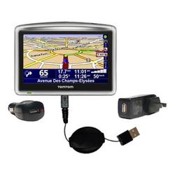 Gomadic Retractable USB Hot Sync Compact Kit with Car & Wall Charger for the TomTom One XL - Brand w