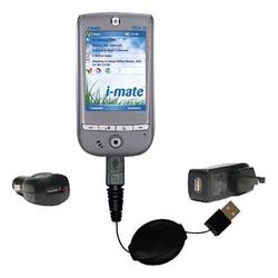 Gomadic Retractable USB Hot Sync Compact Kit with Car & Wall Charger for the i-Mate PDA-N PPC - Bran