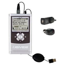 Gomadic Retractable USB Hot Sync Compact Kit with Car & Wall Charger for the iRiver H140 - Brand w/
