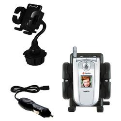 Gomadic Sanyo SCP-8100 Auto Cup Holder with Car Charger - Uses TipExchange