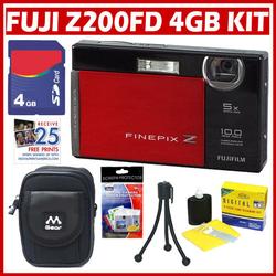 Fuji Finepix Z200FD 10MP Digital Camera Red & Black + 4GB Accessory Bundle