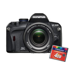 Olympus EVOLT E-420 10 Megapixel Digital SLR Camera with 14-42MM Outfit, Autofocus, Live View, Face Detection & Dust Reduction w/ Transcend 4 GB, 133x High Spee