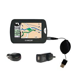 Gomadic Retractable USB Hot Sync Compact Kit with Car & Wall Charger for the Amcor Navigation GPS 4300 - Gom