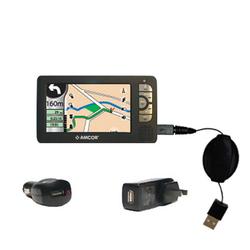 Gomadic Retractable USB Hot Sync Compact Kit with Car & Wall Charger for the Amcor Navigation GPS 5600 - Gom