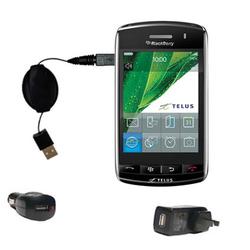Gomadic Retractable USB Hot Sync Compact Kit with Car & Wall Charger for the Blackberry Storm - Bran