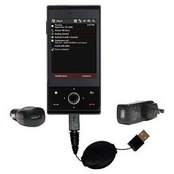 Gomadic Retractable USB Hot Sync Compact Kit with Car & Wall Charger for the HTC Raphael - Brand w/