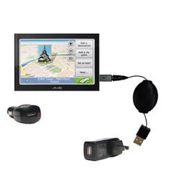 Gomadic Retractable USB Hot Sync Compact Kit with Car & Wall Charger for the Mio Technology C728 - B