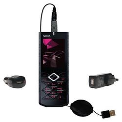 Gomadic Retractable USB Hot Sync Compact Kit with Car & Wall Charger for the Nokia 7900 Prism - Bran