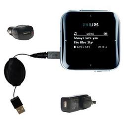Gomadic Retractable USB Hot Sync Compact Kit with Car & Wall Charger for the Philips GoGear SA2820 - Gomadic